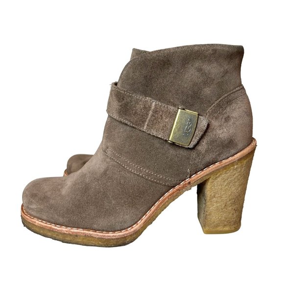 UGG Brienne Size 8 Tan Suede Sheepskin Ankle Boots High Heel Warm Winter Booties - Picture 1 of 10